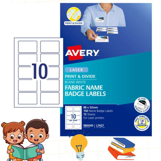 Avery® Fabric Name Badge Labels 88mm x 52mm, 10 labels per sheet, No-iron design image